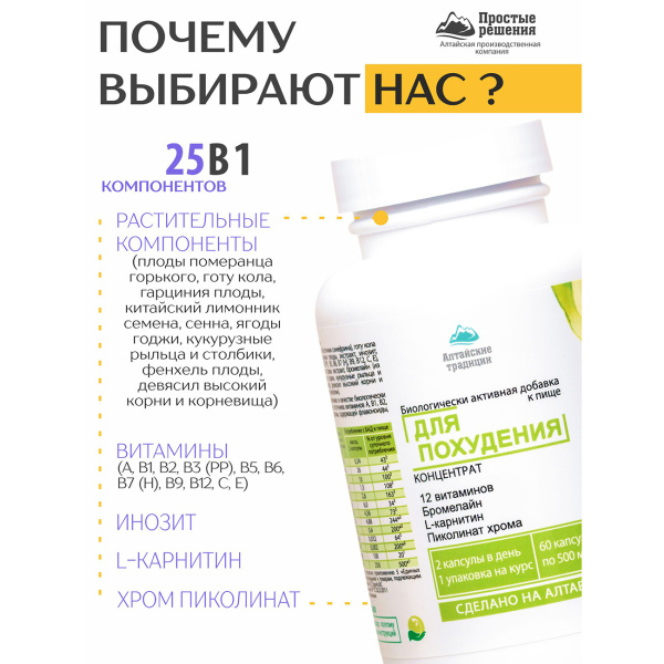 Концентрат для похудения с L-карнитином, бромелайном и экстрактом померанца + 12 витаминов Простые решения 60 капсул