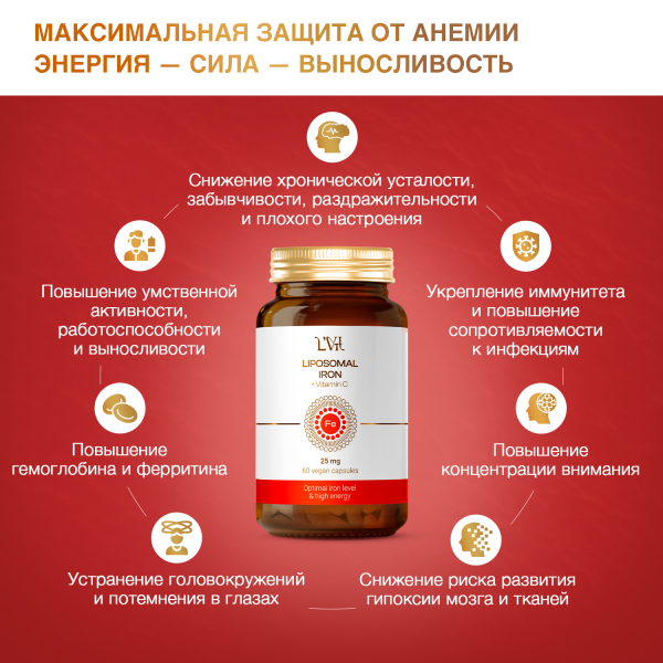 Липосомальное Железо (бисглицинат) + Витамин С (аскорбат натрия), Liposomal Vitamins, капсулы, 60 шт.